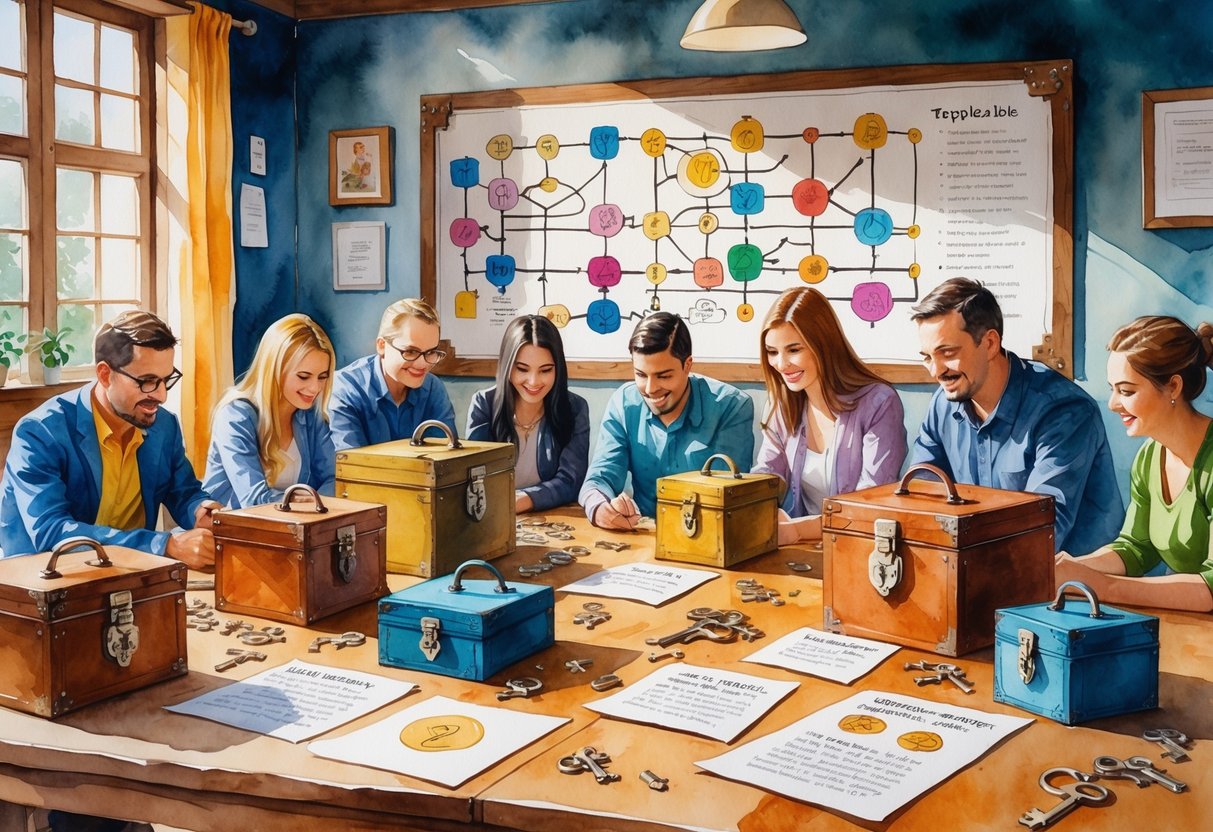 A group of people working together in a room filled with puzzle boxes, keys, and clues, focused on solving a complex puzzle on the wall.