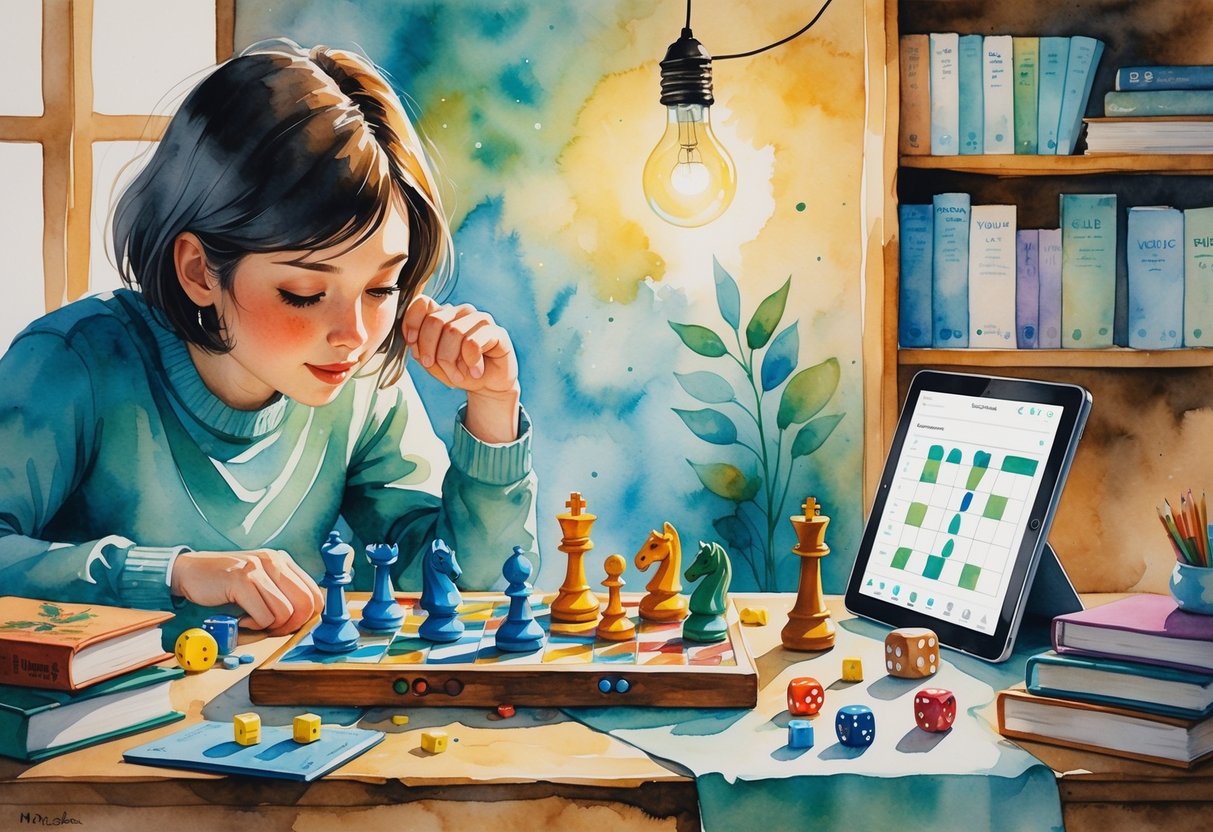 A person focused on a board game with chess pieces and tokens on a wooden table, surrounded by puzzle pieces, books, and a tablet showing a strategy video game.