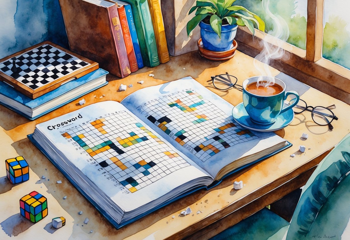 A cozy table with an open crossword puzzle, a cup of tea, a chessboard, a Rubik's cube, books, and reading glasses in a warm, inviting room.