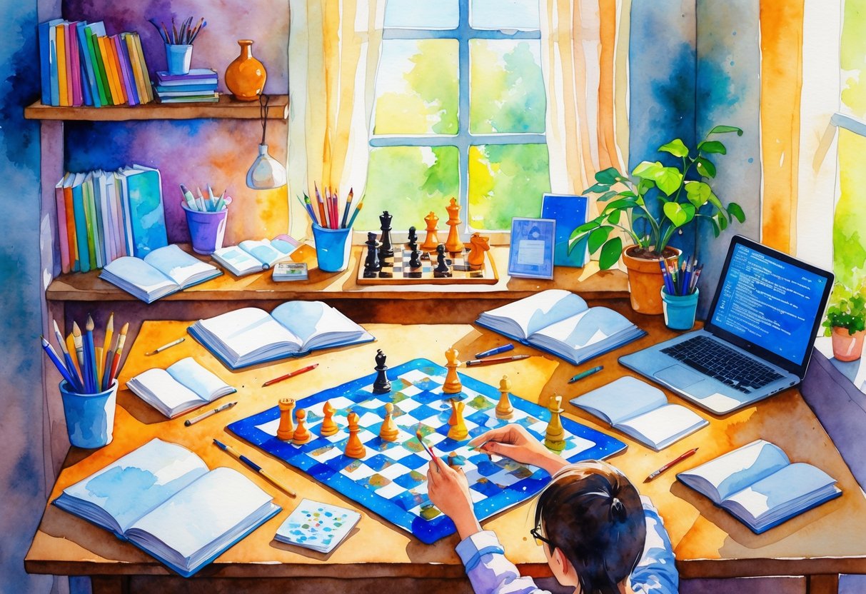 A person assembling a jigsaw puzzle at a table surrounded by books, chessboard, art supplies, a plant, and a laptop with code, all in a sunlit room.