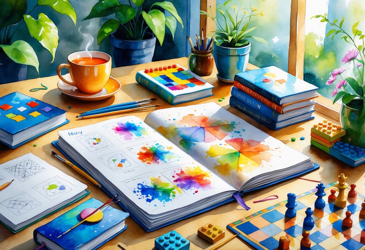 A cozy workspace with art supplies, books, a chessboard, knitting materials, and building blocks arranged to represent hobbies that enhance problem-solving skills.