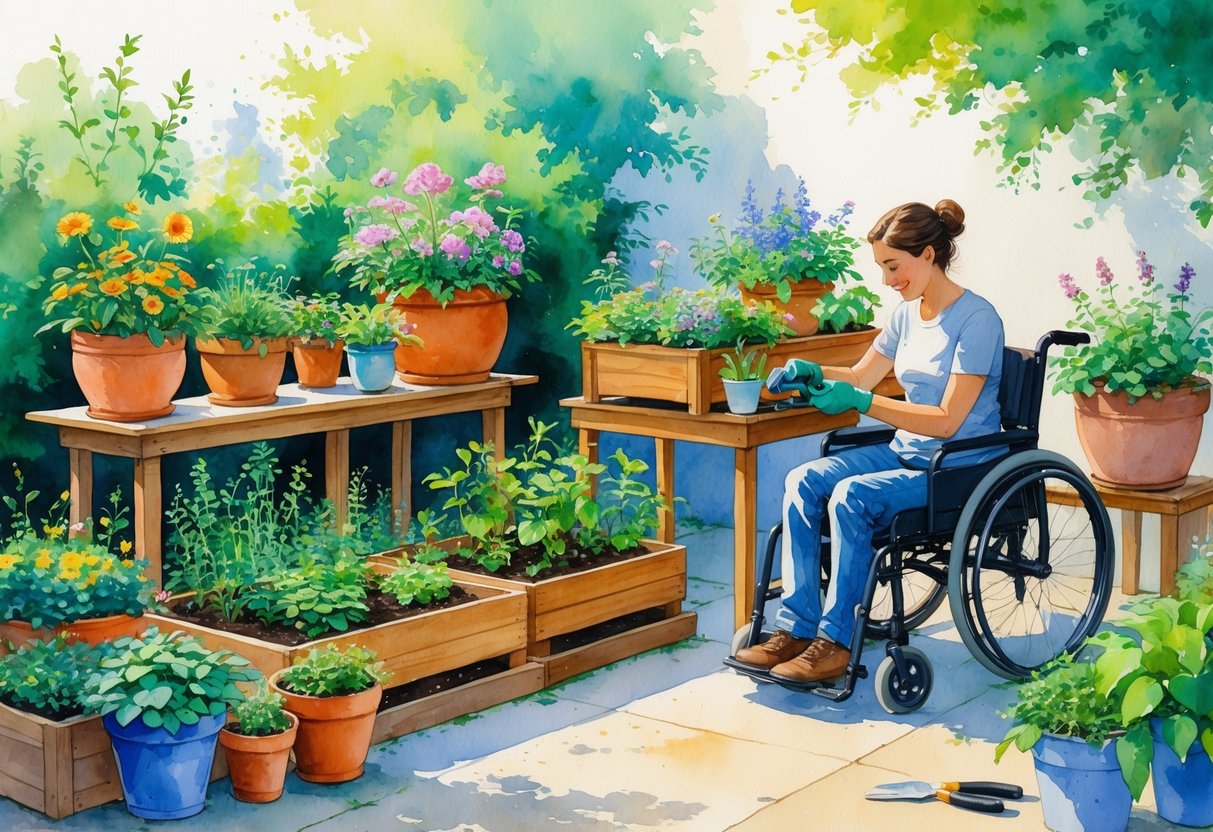 A person in a wheelchair tending to colorful potted plants arranged on raised garden beds and tables outdoors on a sunny patio.
