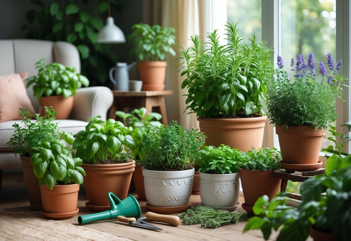 A cozy indoor space with various potted herb plants near a window and gardening tools on a small table.