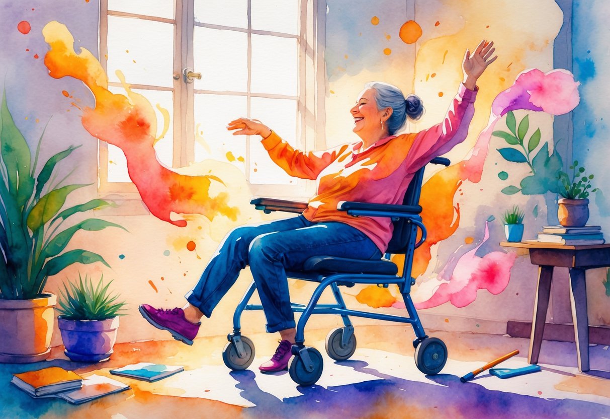 A person sitting in a chair, moving their arms and upper body as if dancing, surrounded by colorful light and a cozy indoor setting.
