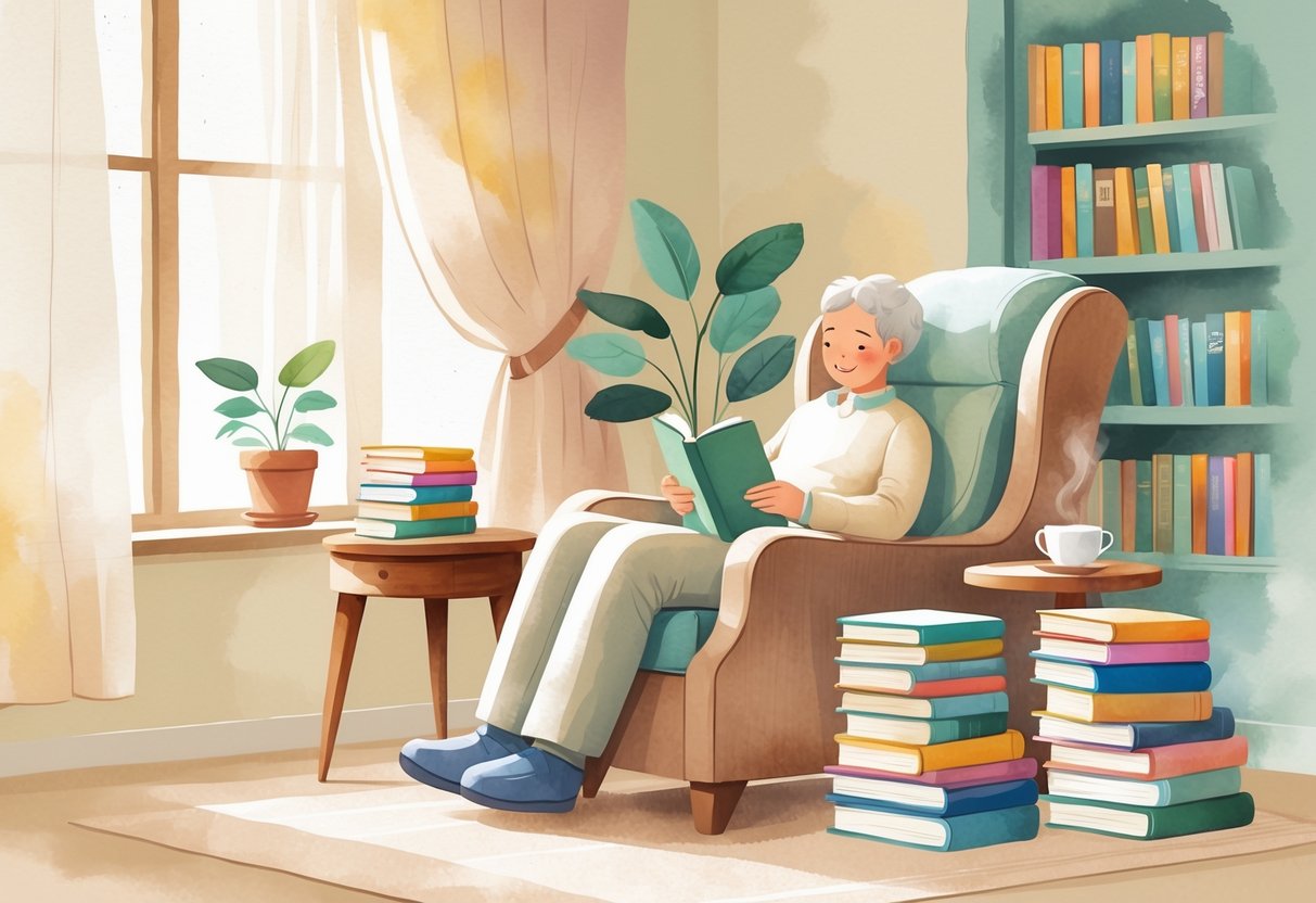 A person sitting comfortably in an armchair by a window, reading a book surrounded by stacks of books and a small plant.
