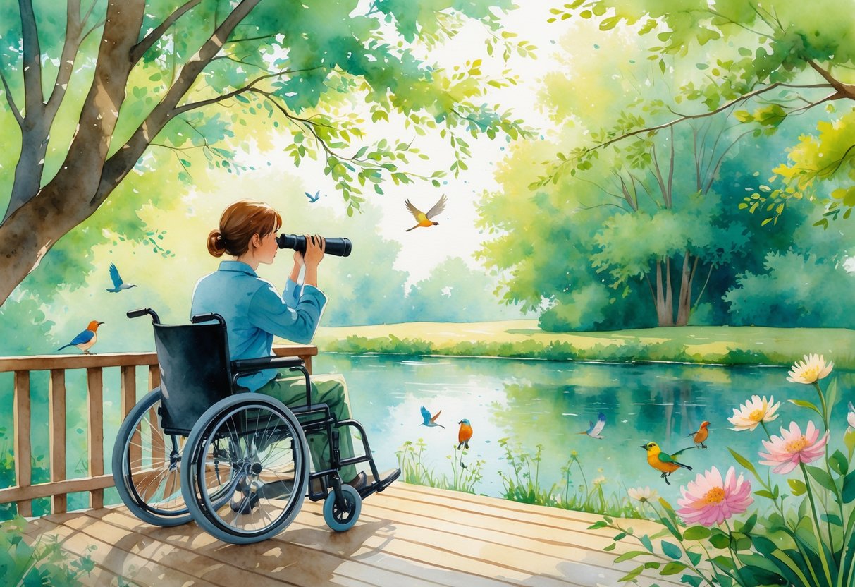 A person in a wheelchair watching colorful birds in a green garden near a calm pond.