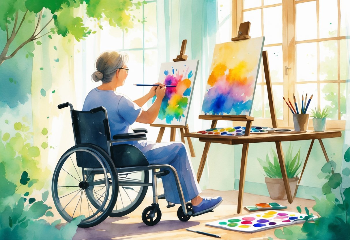A person in a wheelchair painting on an easel in a bright room with art supplies on a table and greenery visible through a window.