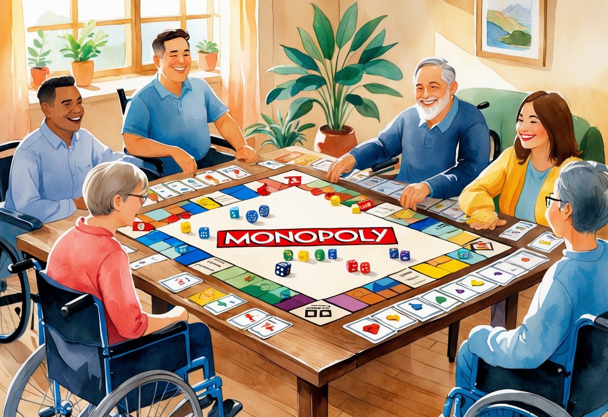 A group of people with limited mobility playing board games together around a table in a warm, inviting room.