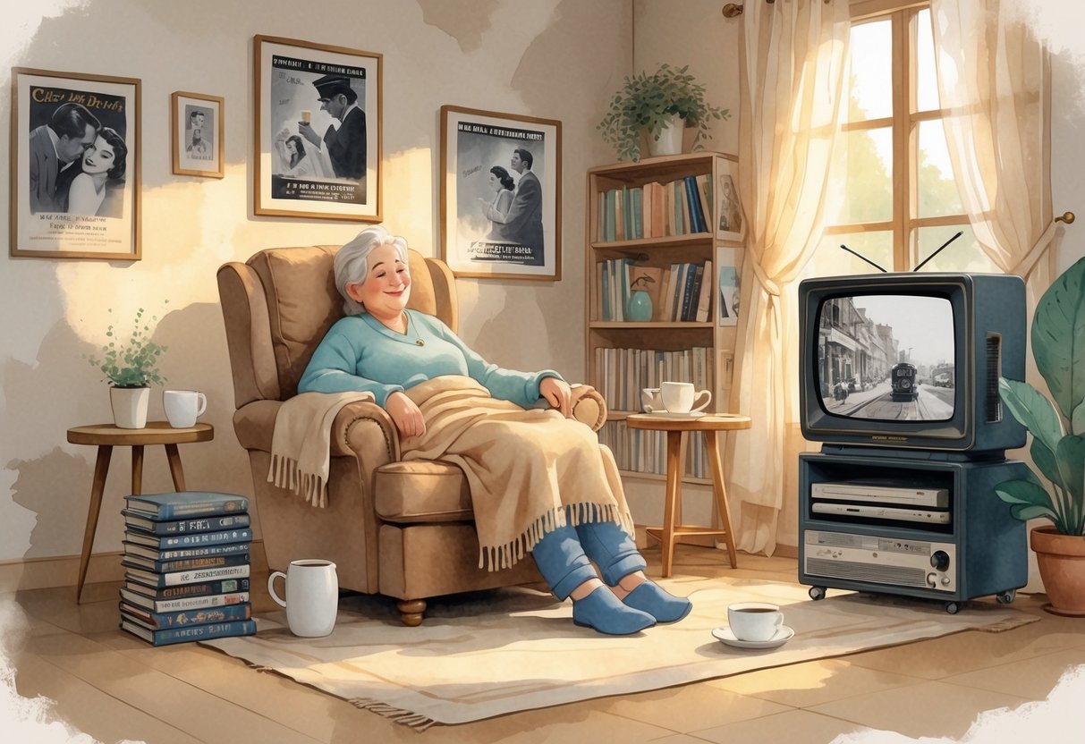 A person sitting comfortably in a chair watching a classic black-and-white movie on a screen in a cozy room with warm lighting and vintage decor.