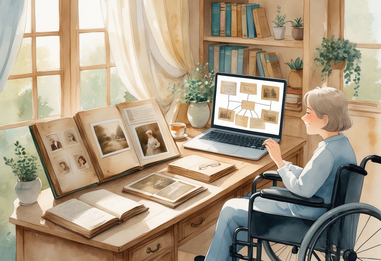 A person in a wheelchair looks at old family photos and documents on a desk in a cozy room filled with books and plants.