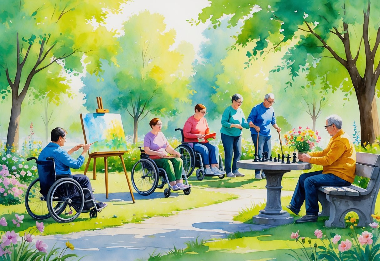 A group of people with limited mobility enjoying different hobbies outdoors, including painting, gardening, playing chess, and reading in a park.