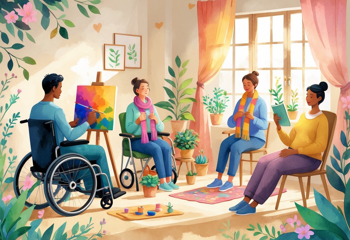 A group of people with limited mobility enjoying hobbies such as painting, knitting, gardening, seated yoga, and reading in a cozy sunlit room.