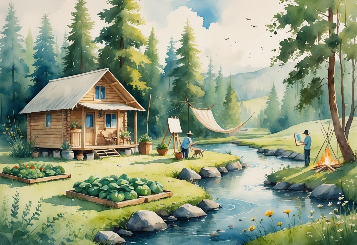 A peaceful outdoor scene with a cabin, people gardening, fishing, painting, reading in a hammock, chopping firewood, and a campfire near a river surrounded by trees and wildflowers.