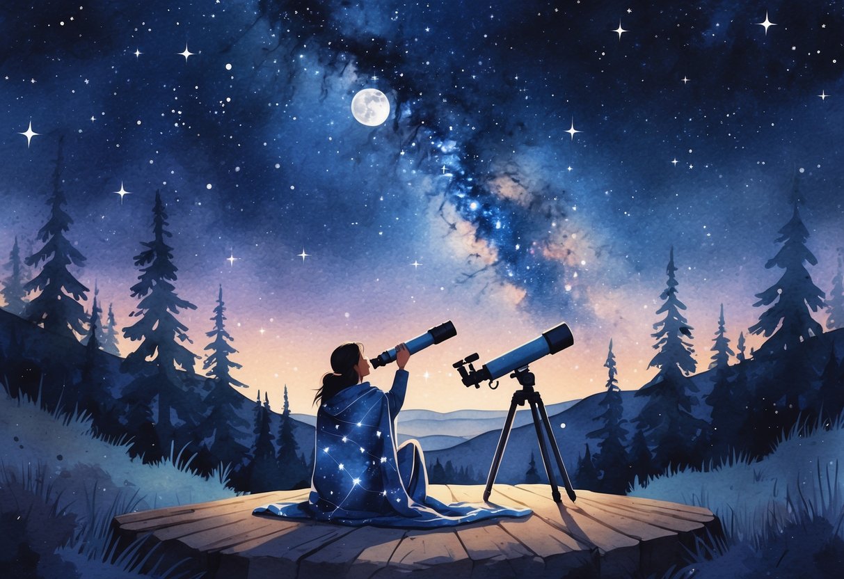 A person sitting outdoors at night, looking through a telescope at a star-filled sky above trees and hills.