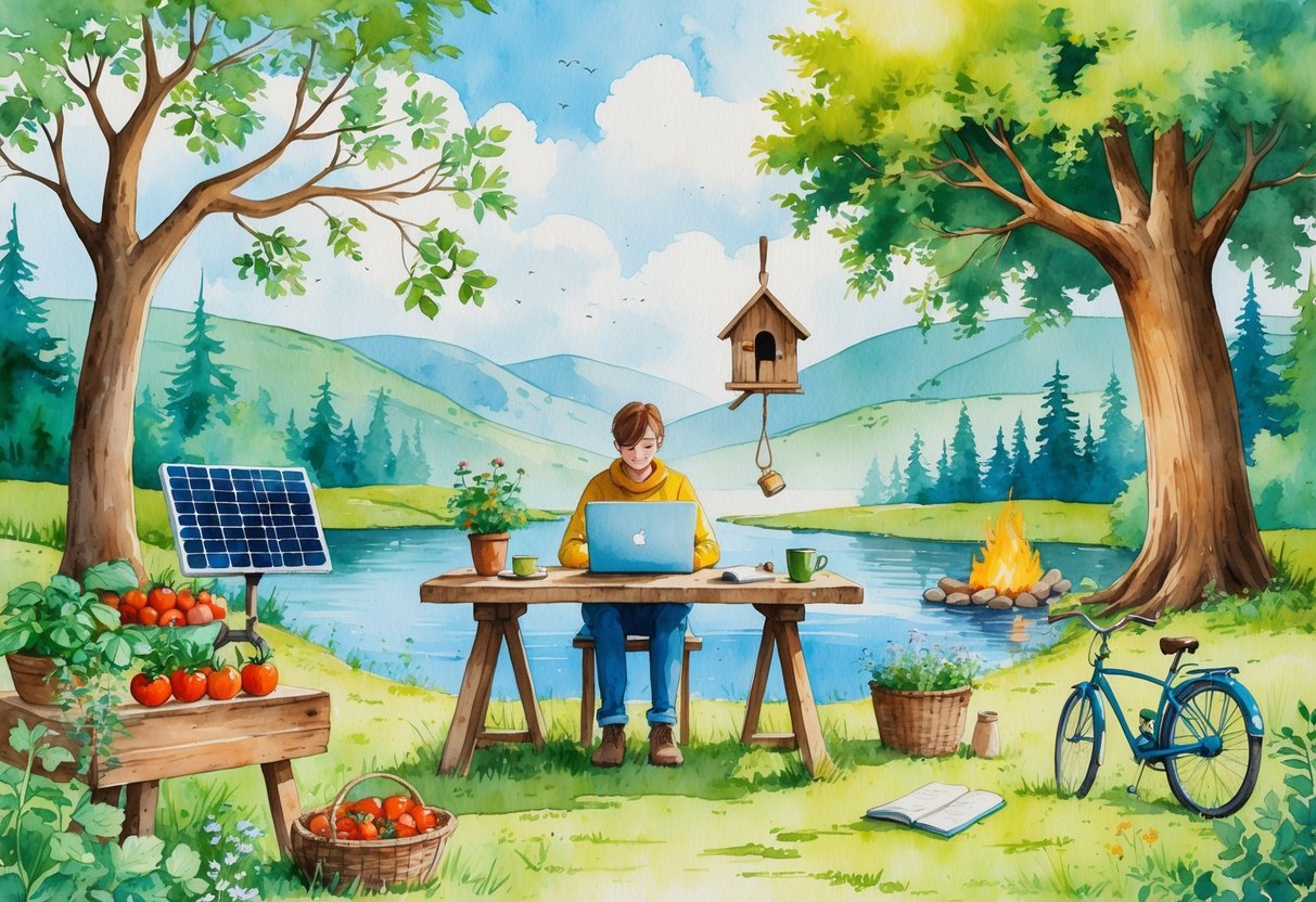 A person working on a laptop outdoors near a wooden cabin surrounded by a garden, fishing by a river, a campfire, and various outdoor hobbies in a peaceful natural setting.