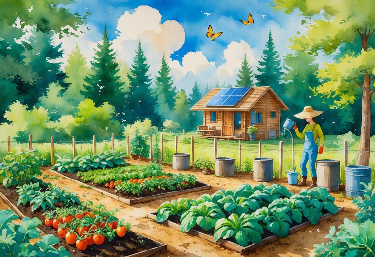 A person watering a vegetable garden near a wooden cabin surrounded by trees and nature.