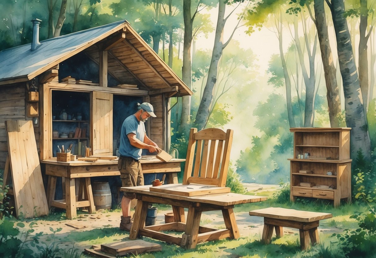 A person crafting wooden furniture at a rustic workbench outside a cabin surrounded by trees and nature.