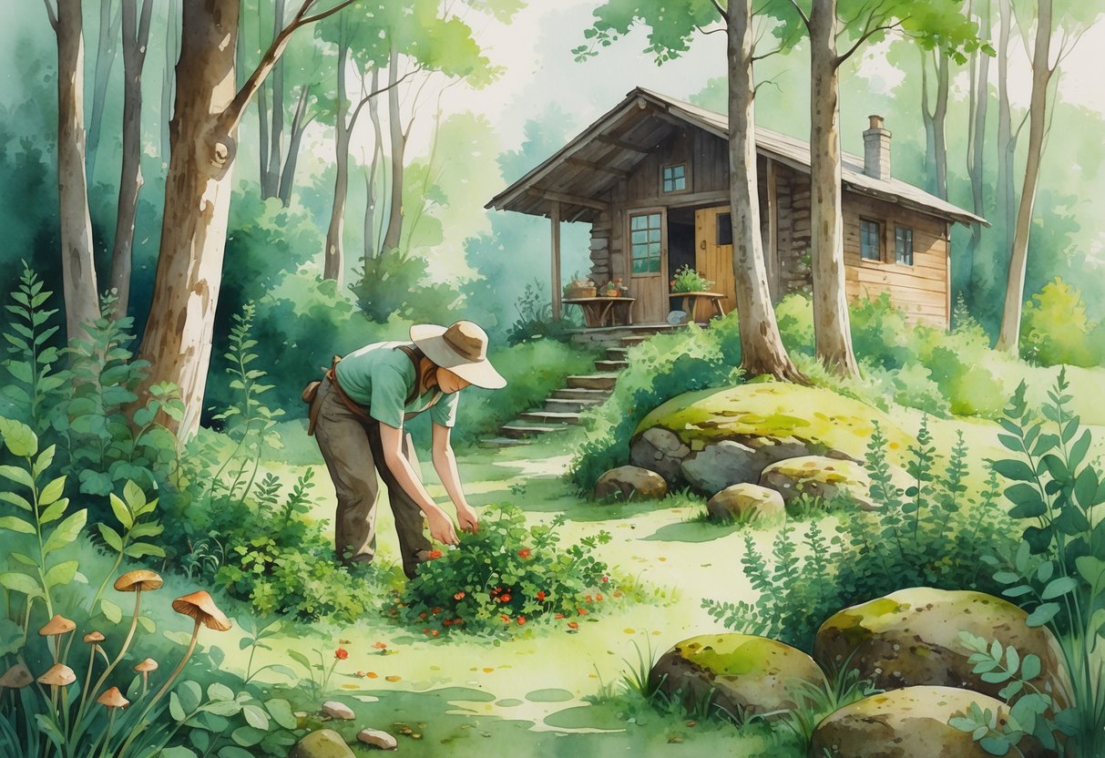 A person gathering wild edible plants in a forest near a small wooden cabin with sunlight filtering through the trees.