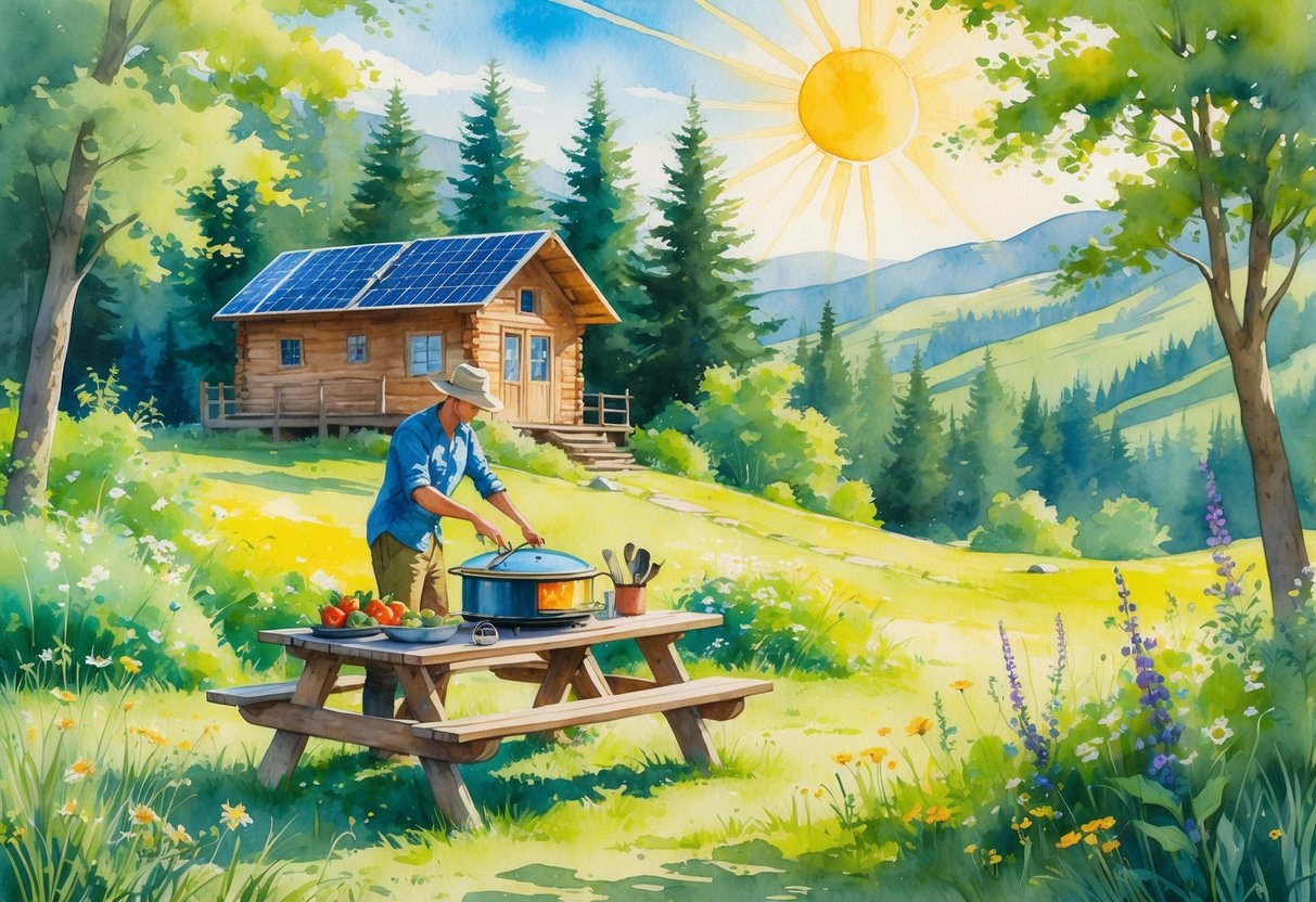 A person using a solar oven outdoors near a cabin surrounded by trees and hills on a sunny day.