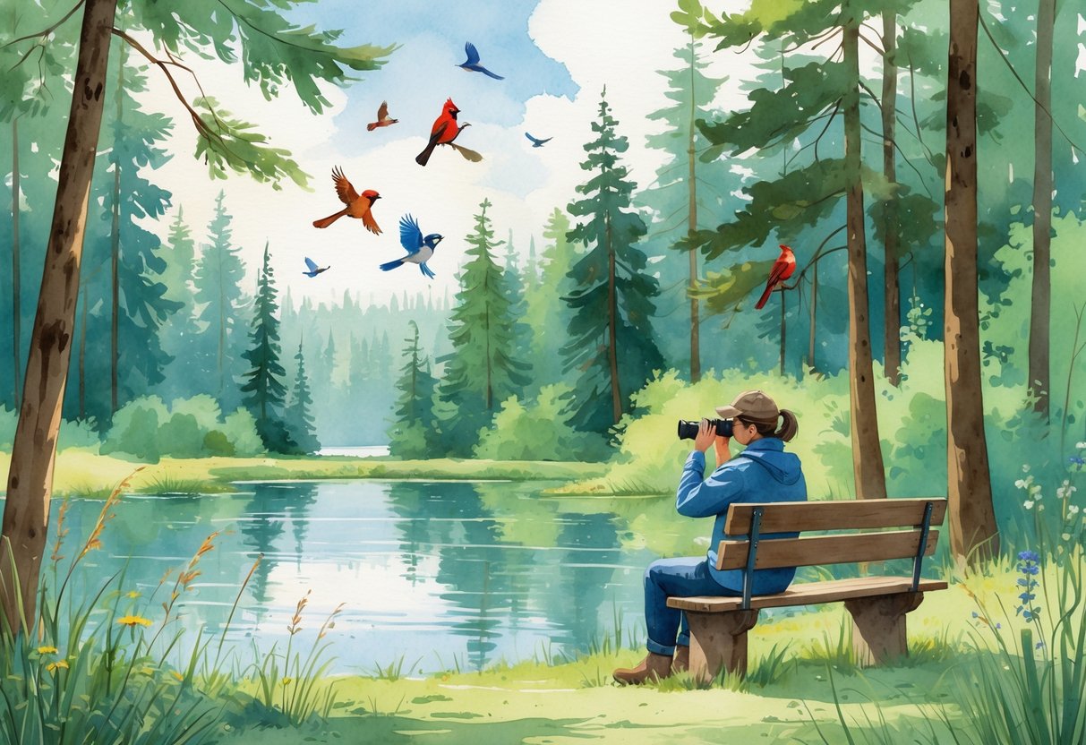 A person sitting on a bench near a forest lake, watching colorful birds in the trees surrounded by greenery and wildflowers.