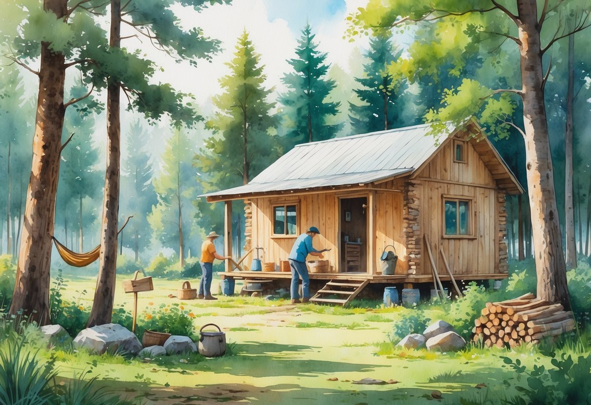 A rustic wooden cabin in a forest clearing with people building and improving it, surrounded by trees, a garden, firewood, and a hammock.