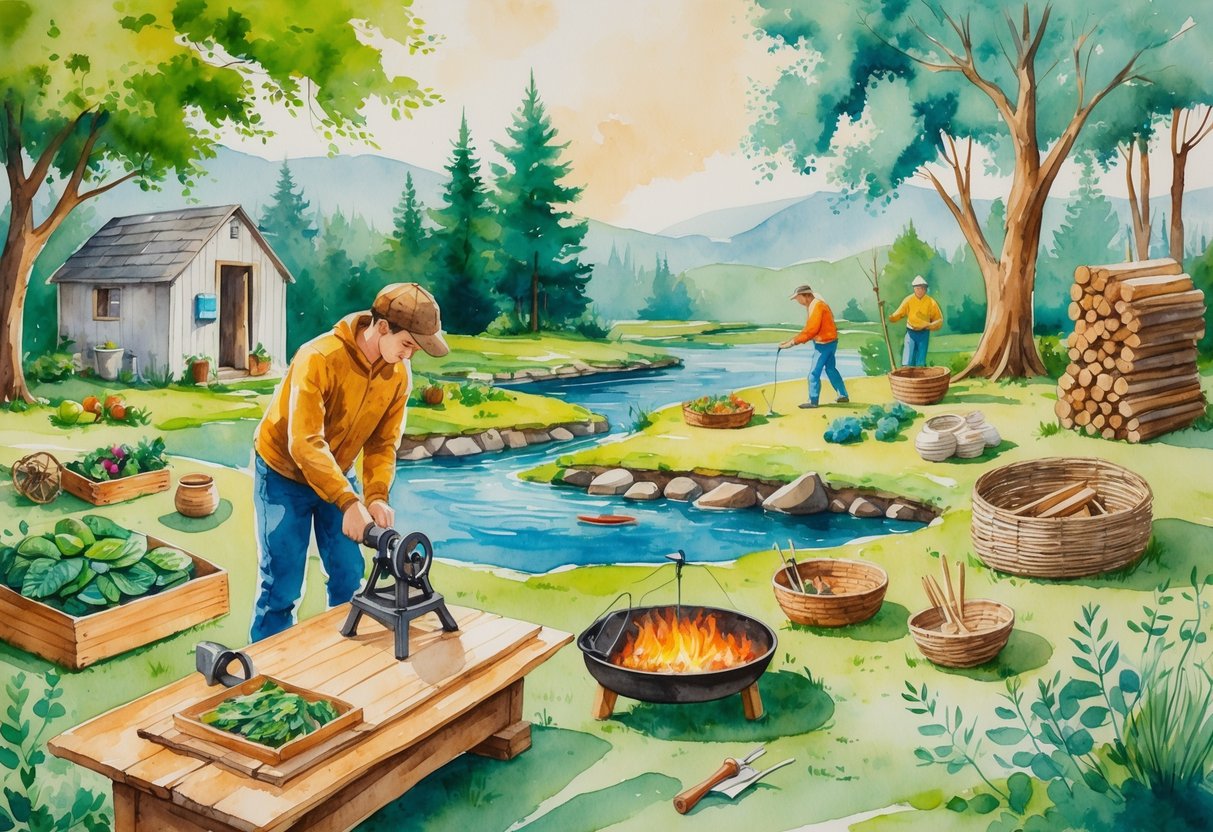 A person using a hand-powered tool outdoors near a cabin, surrounded by gardening, fishing, weaving, and wood chopping activities in a natural setting.