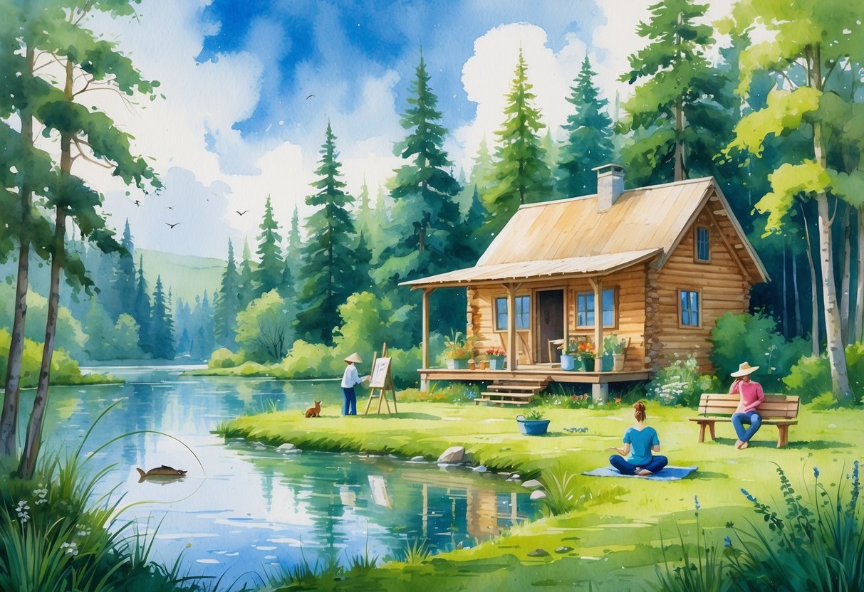 A peaceful outdoor scene with a wooden cabin surrounded by trees and people fishing, gardening, painting, reading, and doing yoga near a lake.
