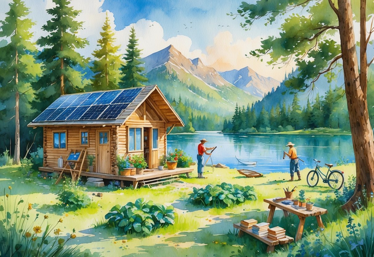 A peaceful outdoor scene with a wooden cabin, people gardening, fishing, painting, and enjoying various hobbies surrounded by trees, a lake, and mountains.