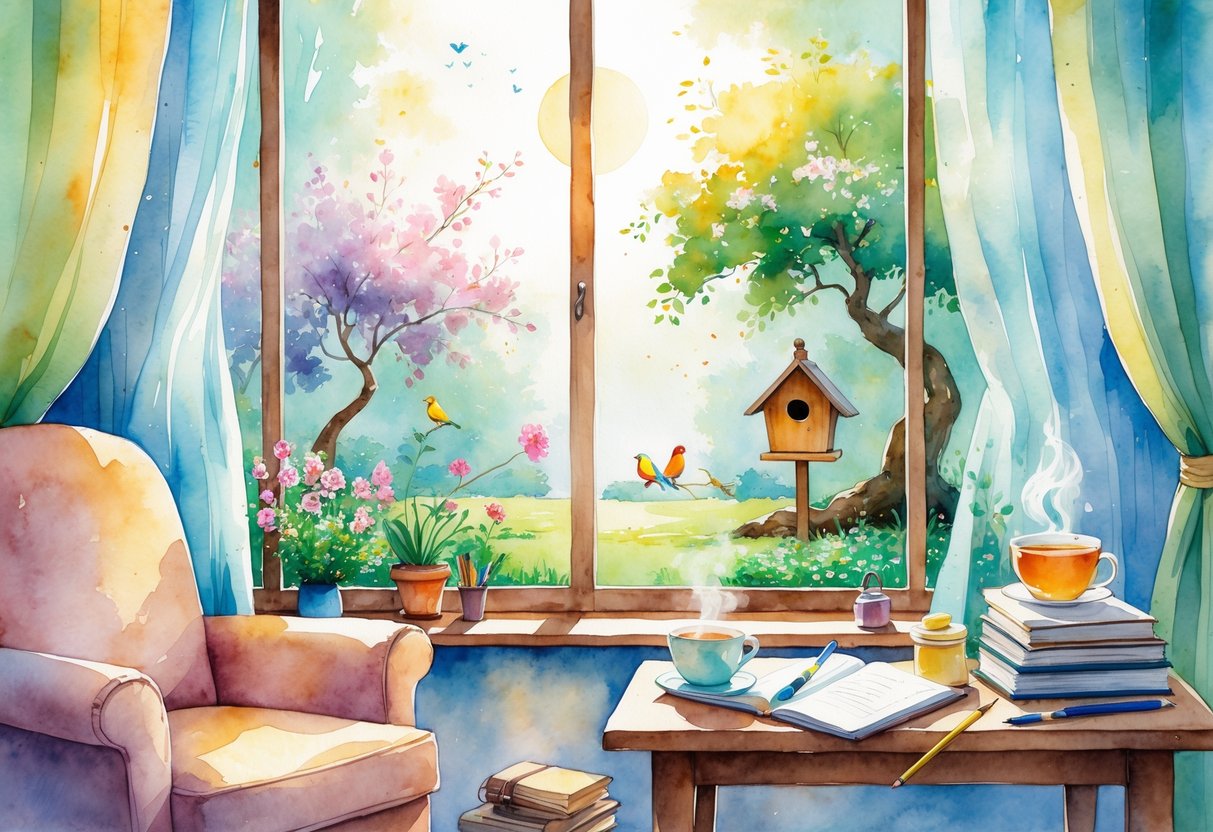 A cozy sunlit room with an armchair by a window overlooking a garden, featuring art supplies, books, a yoga mat, a cup of tea, and a journal on a table.