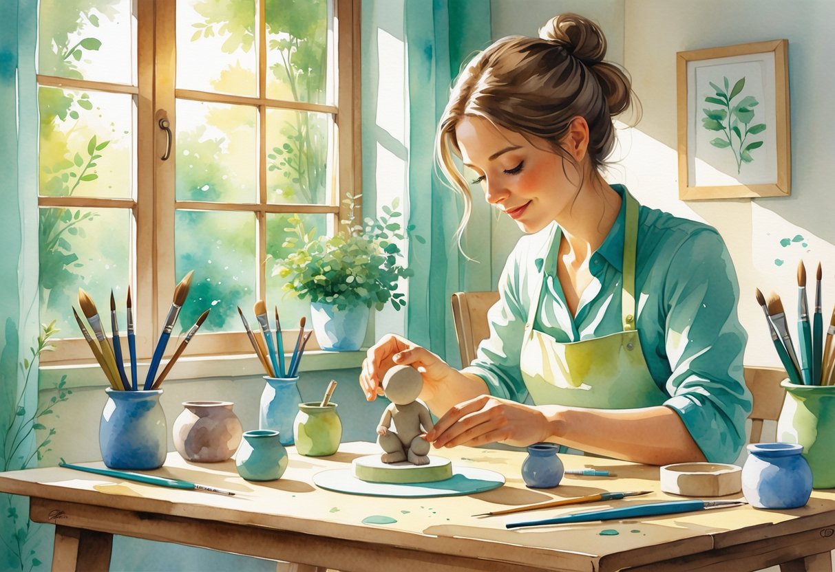 A person sculpting a small clay figure at a wooden table in a sunlit room with art supplies and greenery outside the window.