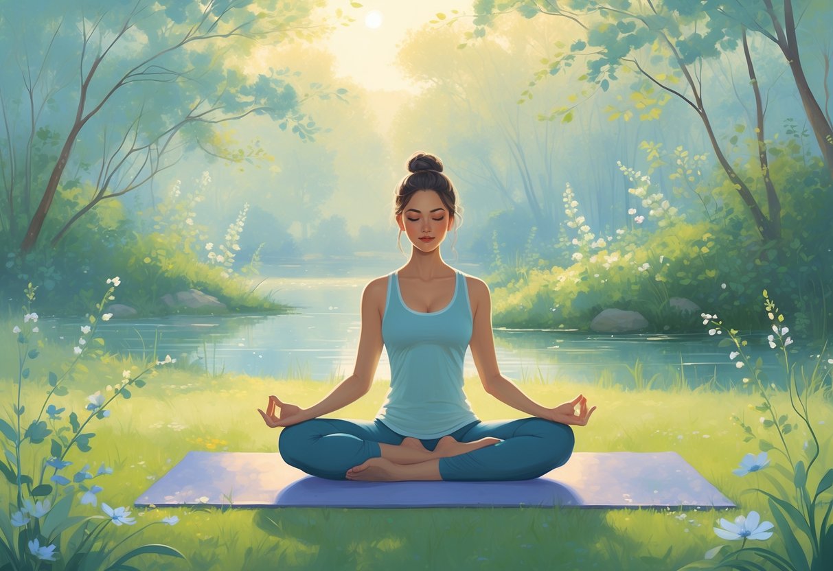 A person sitting in a meditative yoga pose outdoors near water surrounded by trees and flowers during early morning light.