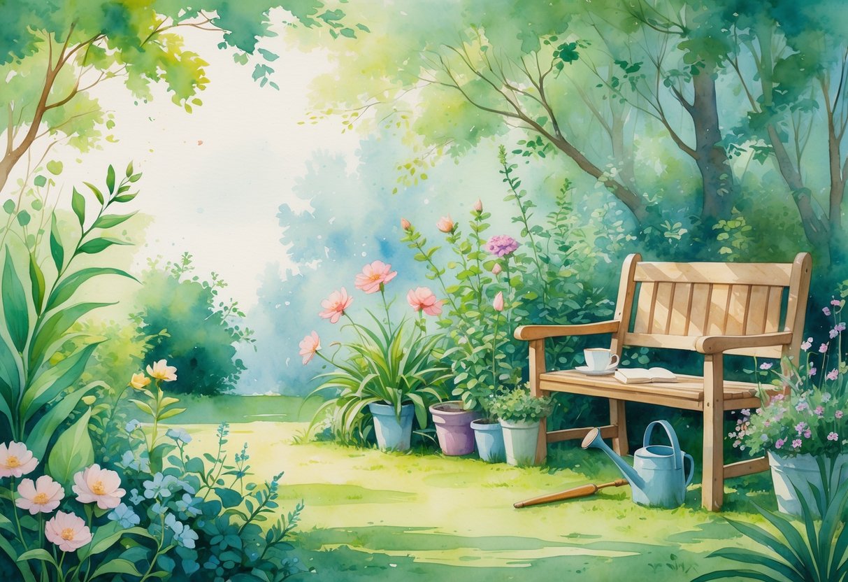 A peaceful garden scene with a person gardening surrounded by plants, flowers, gardening tools, and a wooden bench with a notebook and tea cup.