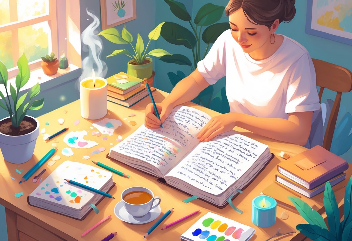 A person sitting at a desk writing in a journal surrounded by plants, a cup of tea, and art supplies in a softly lit room.