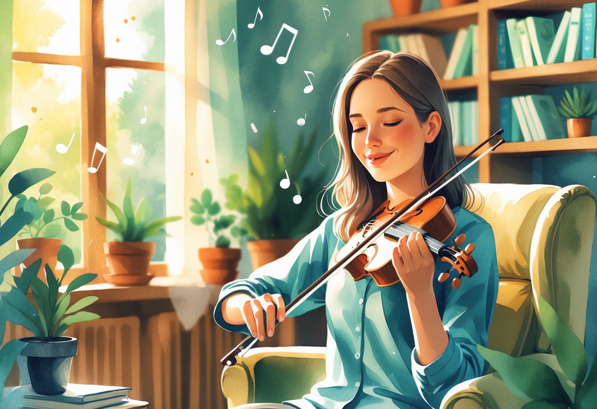 A therapist playing a musical instrument in a cozy, sunlit room surrounded by plants and books, looking relaxed and engaged.