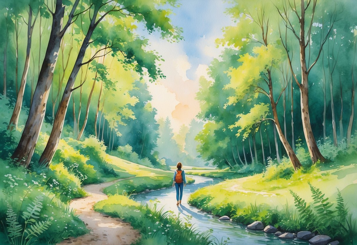 A person walking on a forest trail surrounded by trees, wildflowers, and a nearby stream under soft sunlight.