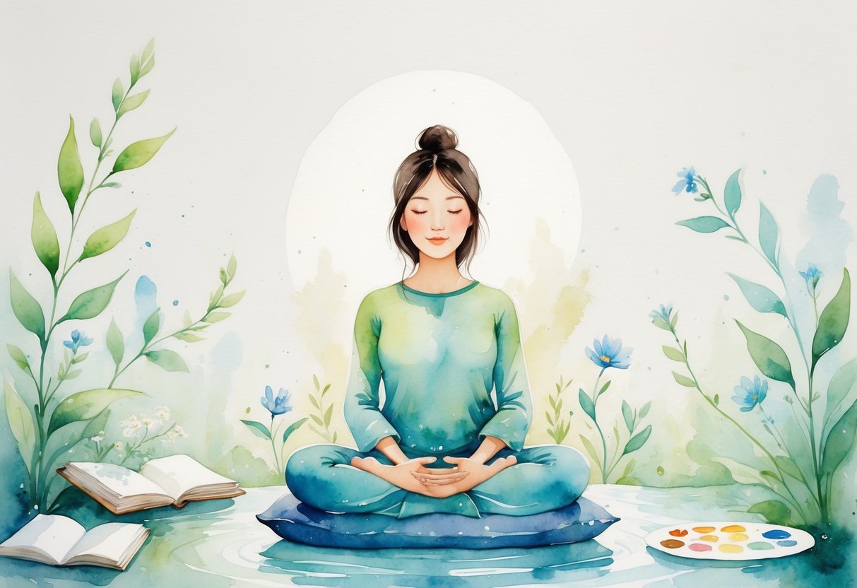 A person meditating peacefully surrounded by soft leaves, flowers, and water ripples, with nearby objects like a book, paintbrush, and plant symbolizing calming hobbies.