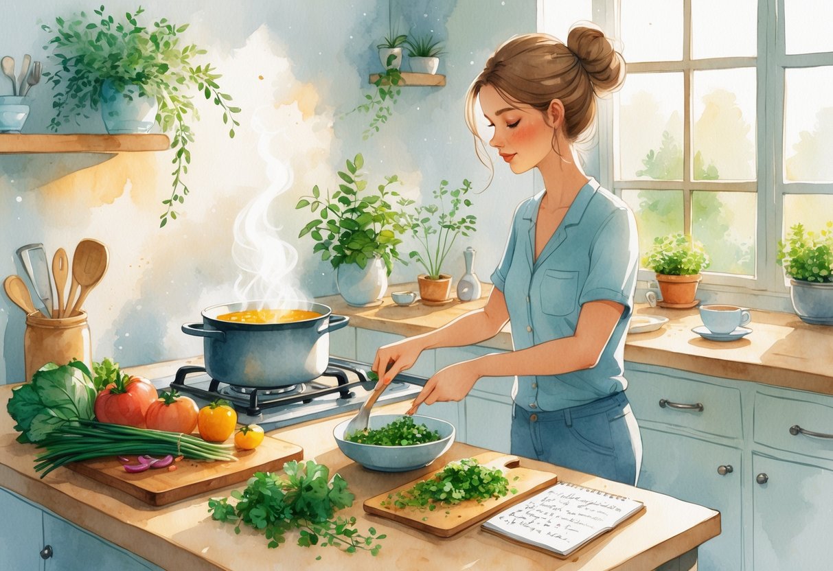 A person cooking in a cozy kitchen with fresh vegetables and cooking tools on the counter, sunlight coming through a window, creating a peaceful and calm atmosphere.