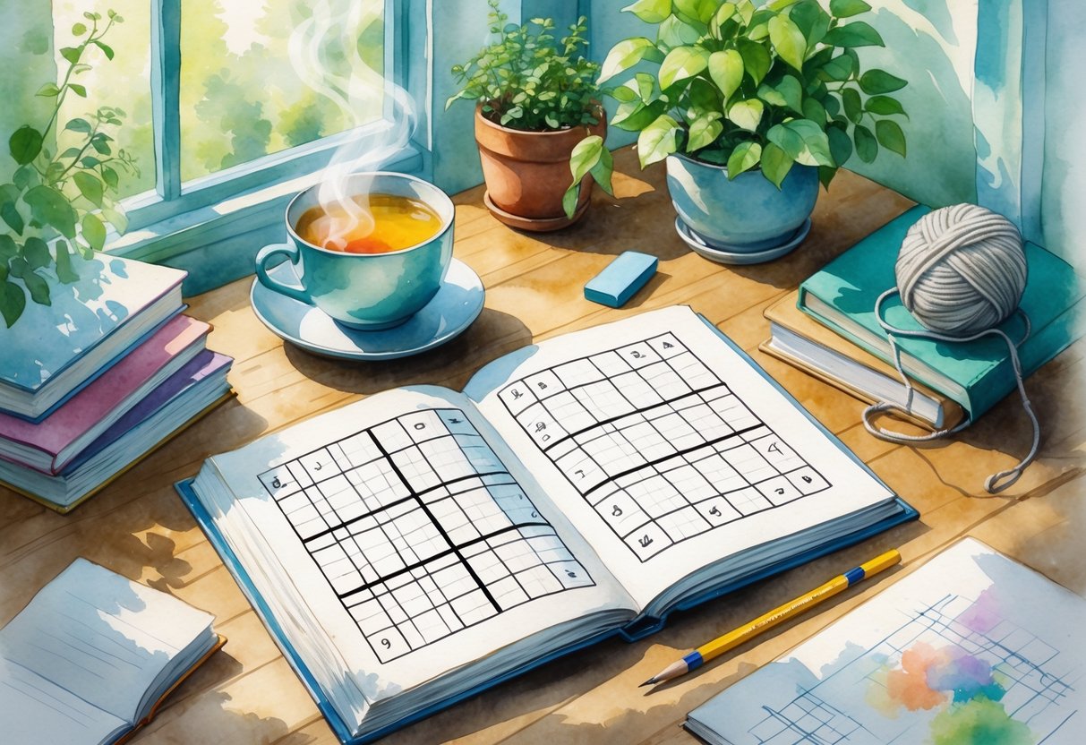A cozy workspace with an open Sudoku puzzle book, a cup of tea, a potted plant, reading glasses, and various hobby items on a wooden table near a window.