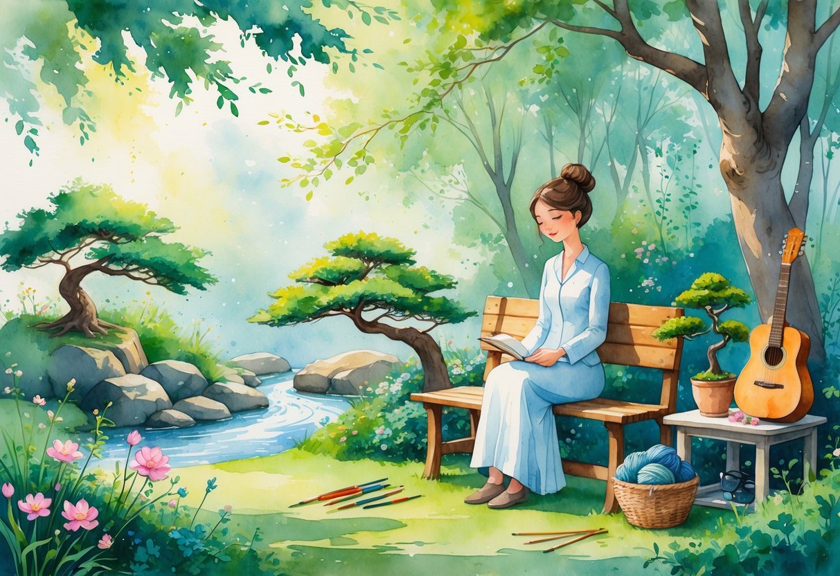 A person sitting peacefully in a garden surrounded by art supplies, a guitar, a bonsai tree, and knitting materials near a stream with blooming flowers.