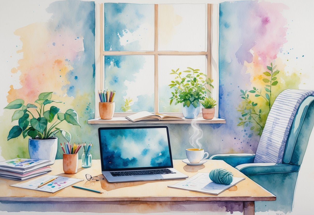 A peaceful home office with a desk, laptop, plants, sketchbook, knitting supplies, a cup of tea, and a yoga mat near a cozy armchair.