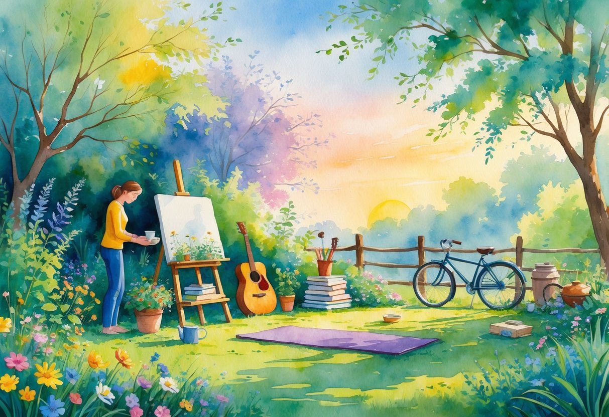 A peaceful garden scene showing a person gardening, painting on an easel, reading books, practicing yoga, a guitar on a bench, a journal on a table, a bicycle, cooking pot, camera, and a hiking trail under a sunrise sky.