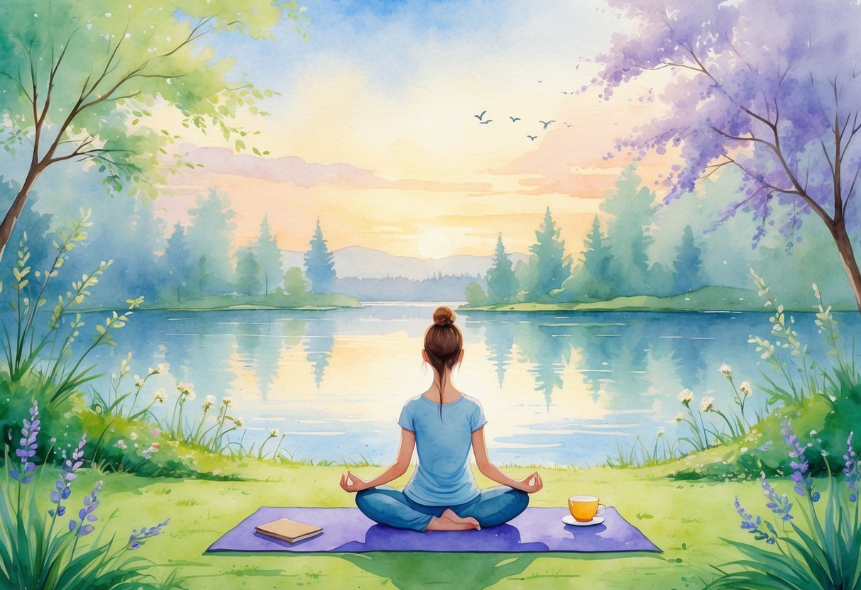 A person sitting in a meditative yoga pose outdoors near a calm lake surrounded by trees and flowers, with a journal and a cup of tea nearby.