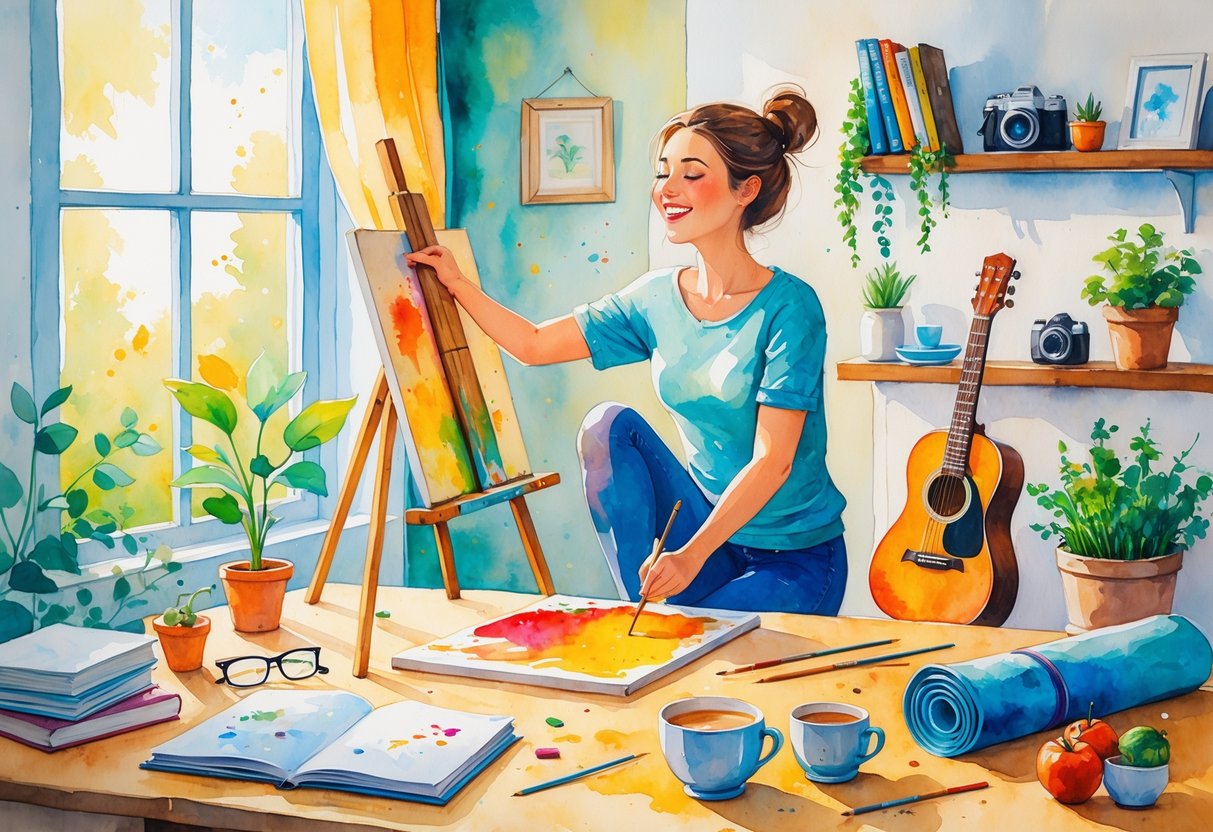 A person painting in a cozy room surrounded by items representing hobbies like books, running shoes, a guitar, plants, a journal, knitting supplies, a camera, cooking ingredients, a yoga mat, and a cup of tea.