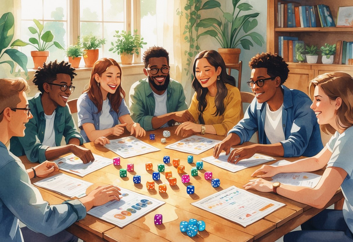 A group of friends sitting around a table playing a tabletop roleplaying game, smiling and interacting with game materials like dice and character sheets.