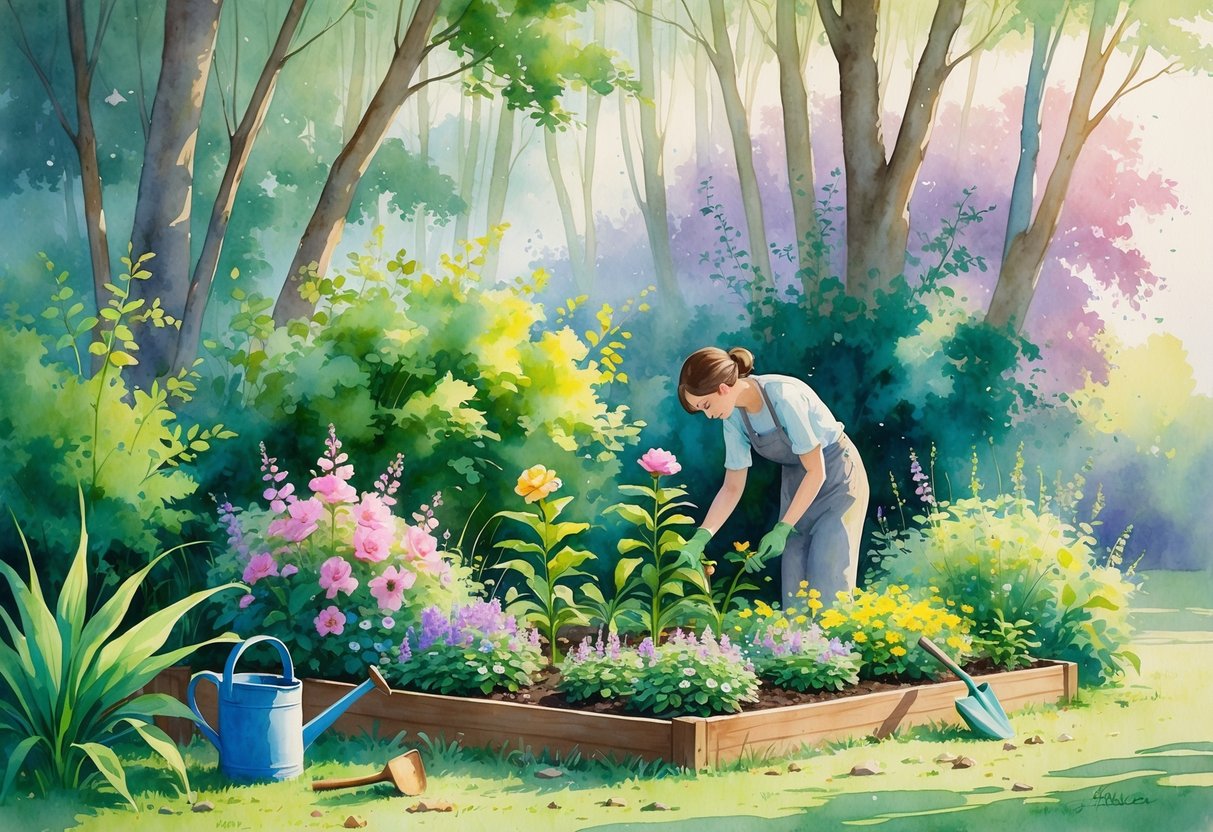 A person tending to blooming flowers and young plants in a peaceful garden surrounded by trees and sunlight.