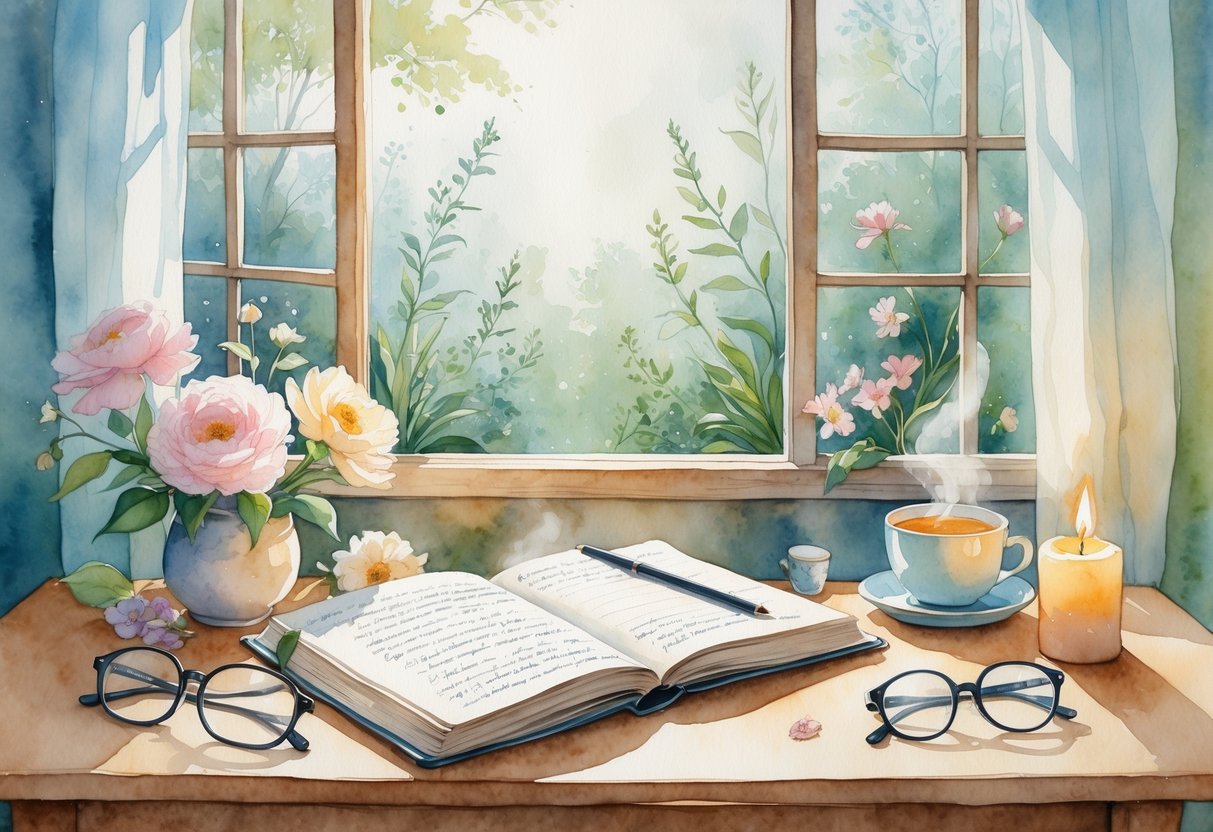 A cozy room with a wooden desk by a window holding an open journal, pen, flowers, a cup of tea, reading glasses, and a lit candle, with green plants visible outside.