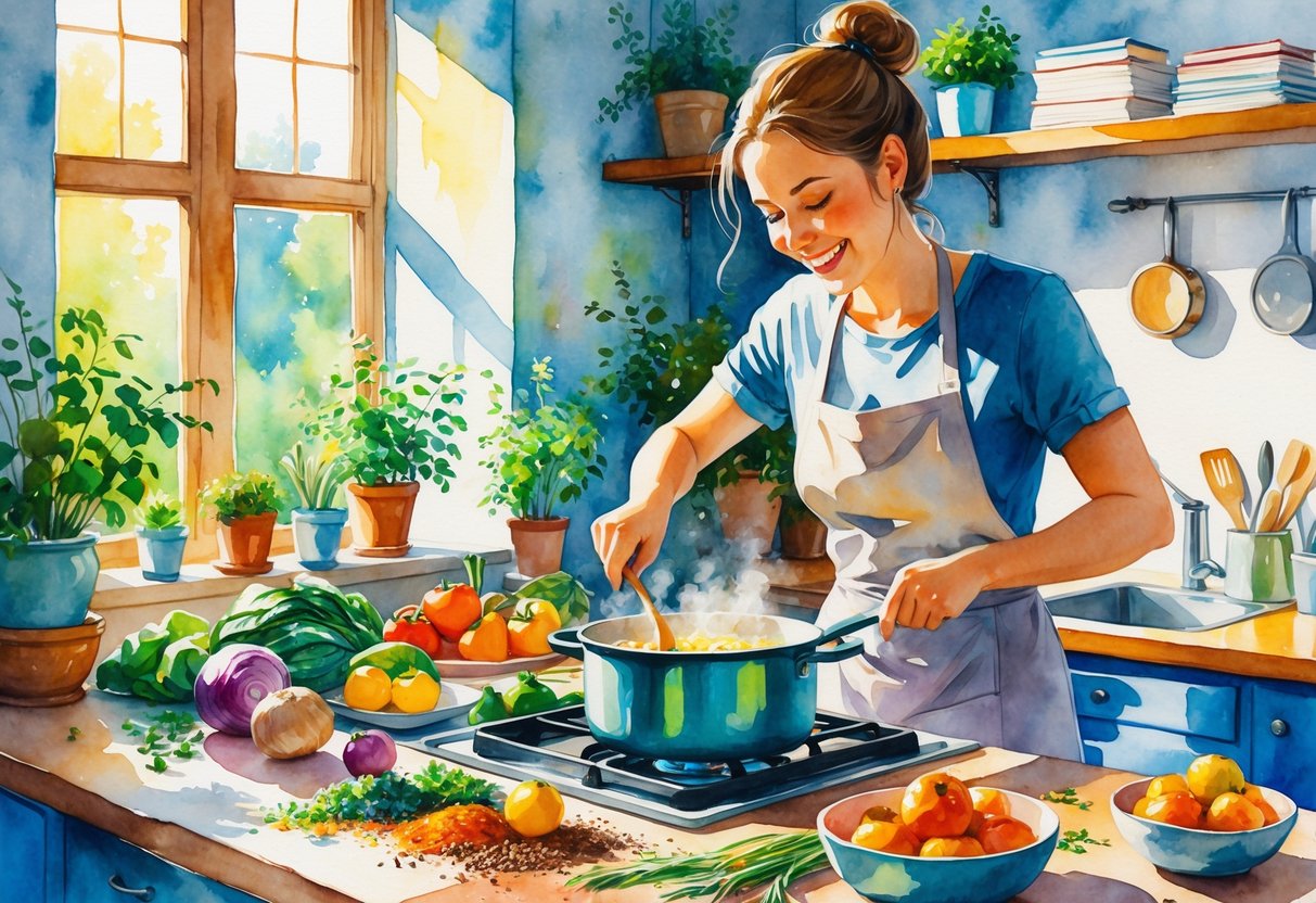 A person happily cooking in a bright kitchen with fresh ingredients and sunlight coming through the window.