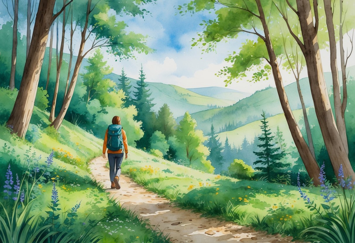 A person hiking on a forest trail surrounded by trees, wildflowers, and hills under a clear sky.
