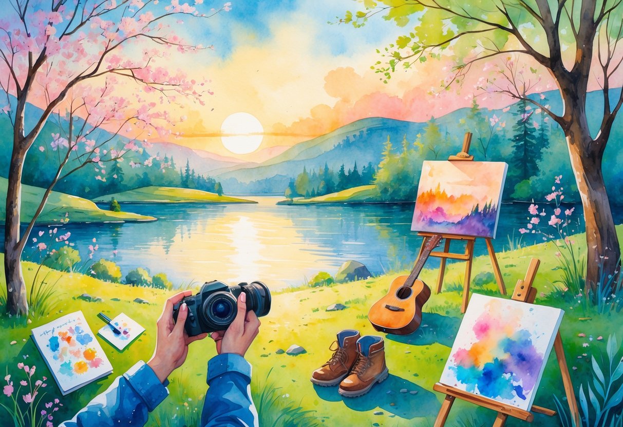 A person holding a camera by a lake at sunrise, surrounded by nature with items like a sketchbook, hiking boots, and a guitar nearby.