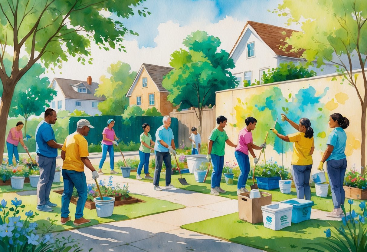 A group of diverse people volunteering together outdoors in a neighborhood park, planting flowers, painting a mural, and talking with each other.
